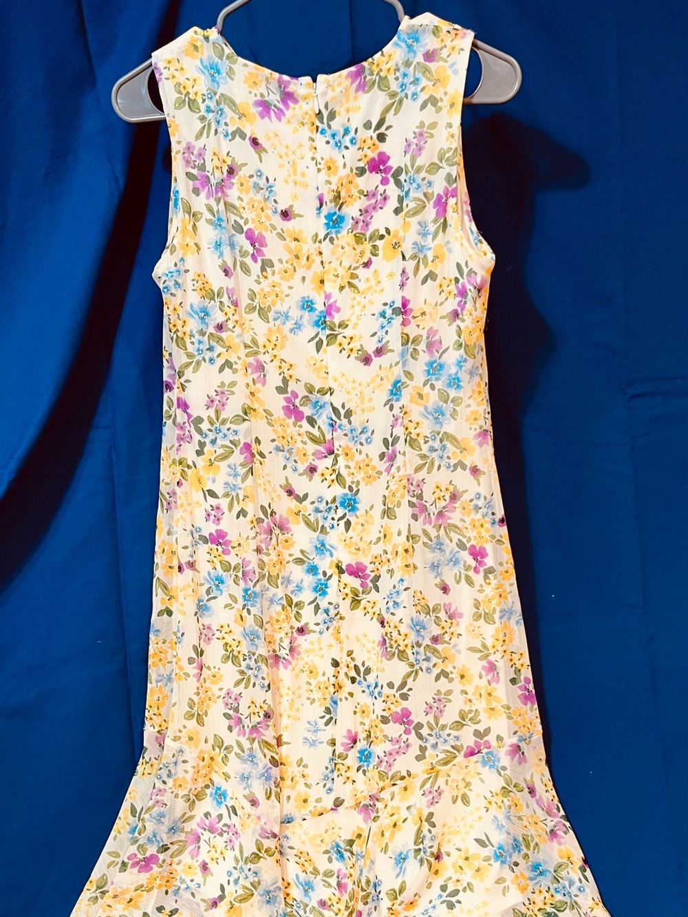 Calvin Klein Maxi Dress Pink, Blue & Yellow Floral Print, asymmetrical hem,
